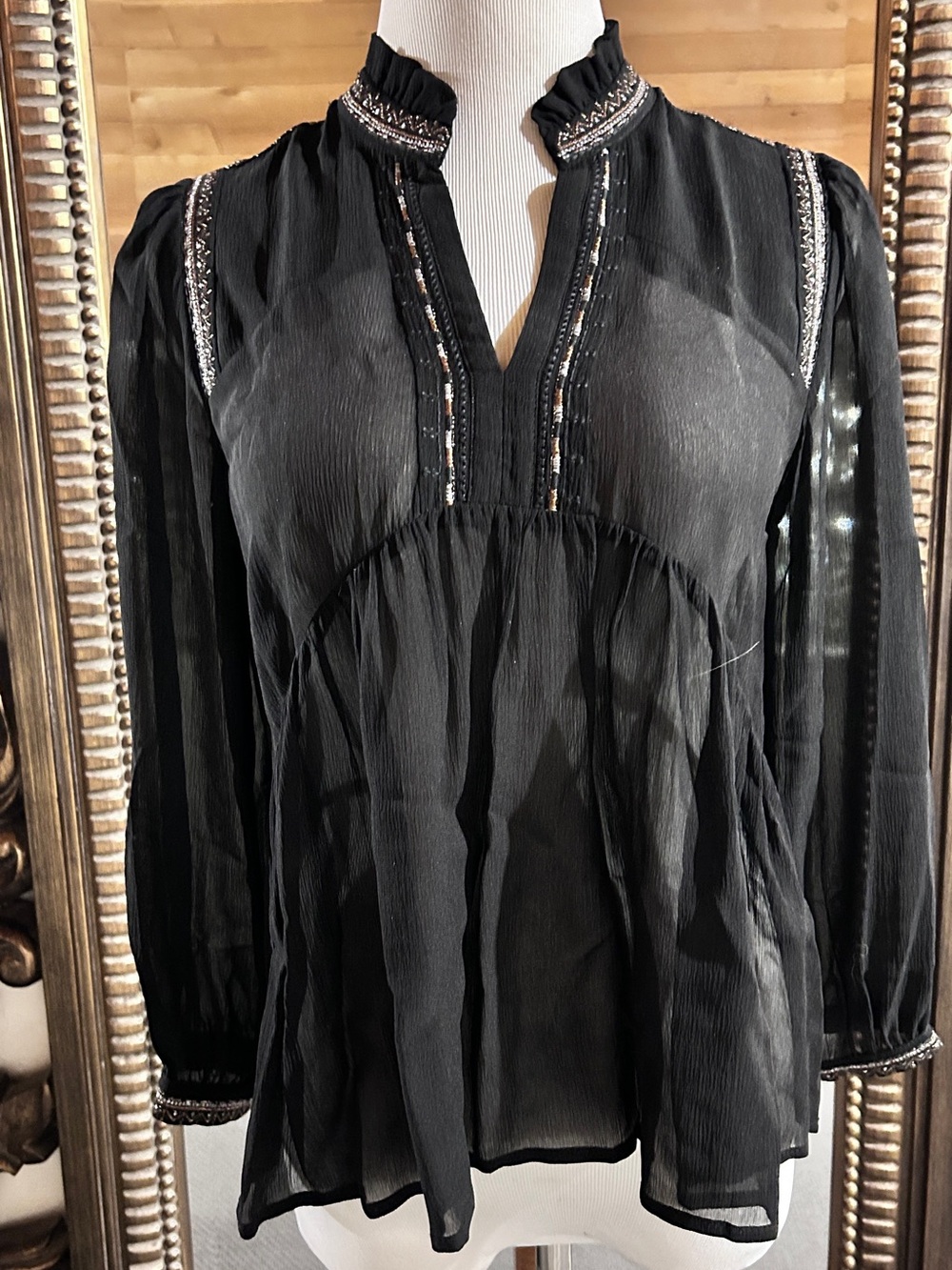 27 Miles Malibu Black Sheer Embroidered Beautiful Blouse